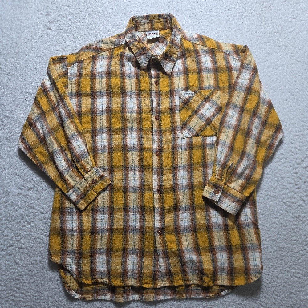 VTG 90s GUESS Youth Flannel Plaid Shirt LS Buttons Logo Sz Large USA Made